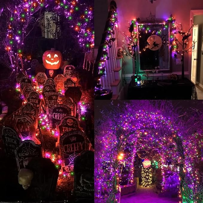 LAMPHOME Halloween String Lights, 100 LED Orange Purple Green Plug in String Lights, 16 Modes Clear Wire Fairy Mini Lights for Indoor Outdoor Halloween Party Garden Yard Home Holiday Decoration