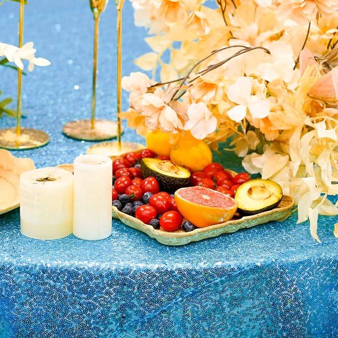 Baby Blue Sequin Tablecloth 120" Round Sequin Tablecloth Shimmer Table Cloth Sparkly Drape Table Cover Decorations for Engagement Weddings Party Baby Bridal Shower Decorations