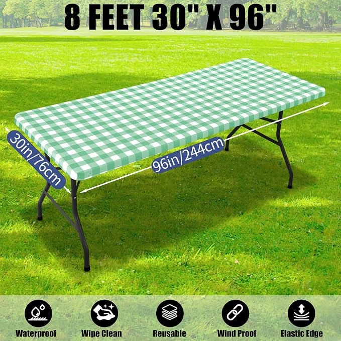Smiry Picnic Table Cloth 4 Pack, Waterproof Elastic Fitted Tablecloths for 8FT Rectangle Tables, Washable Polyester Buffalo Plaid Tablecloth for Camping & Outdoor (Sage Green & White, 30" x 96")
