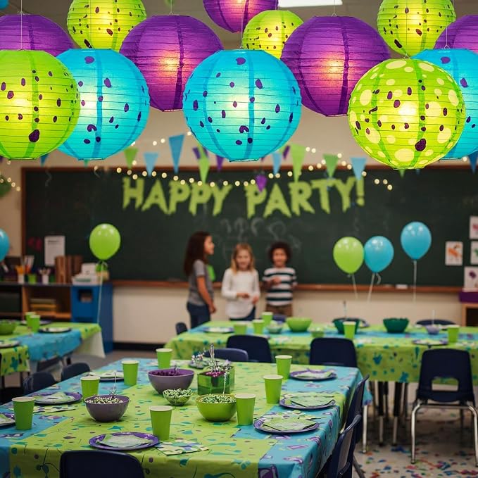 Weysat 12pcs Monster Theme Hanging Paper Lanterns Spot Monster Theme Blue Green and Purple Round Lantern Decorations Birthday Party Supplies for Birthday Party Shower Classroom Home Decor Supplies