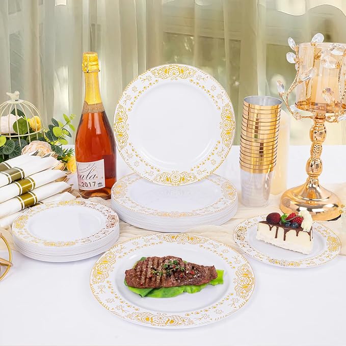 GATHER 350PCS White and Gold Plastic Plates - Gold Disposable Dinnerware Set Include 50 Dinner Plates, 50 Dessert Plates, 150 Gold Plastic Silverware, 50 Napkins, 50 Cups for Wedding & Party