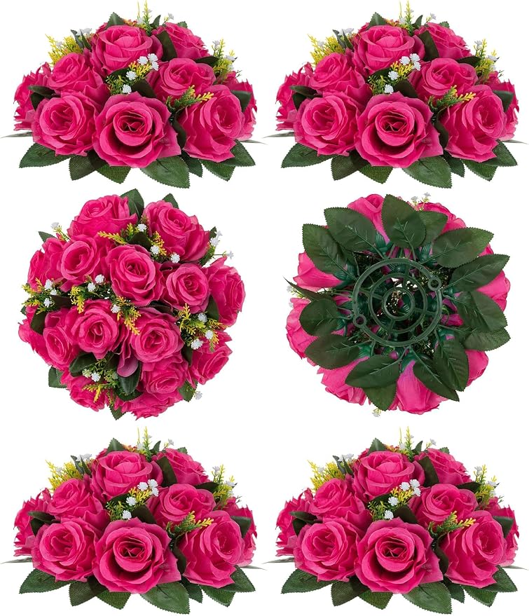 BLOSMON Pink Roses Artificial Flowers: 6 Pcs Fake Flower Balls Table Decor | Wedding Dinning Table Centerpieces - Fake Silk Kissing Bouquet with base for Home Party Event Decor