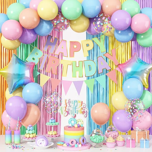 Jobkoo Pastel Birthday Decorations for Girls, Macaron Rainbow Pastel Color Balloons Reusable Happy Birthday Banner Sign Fringe Curtain Backdrop Cake Toppers for Kid Spring Baby Shower Party Decoration