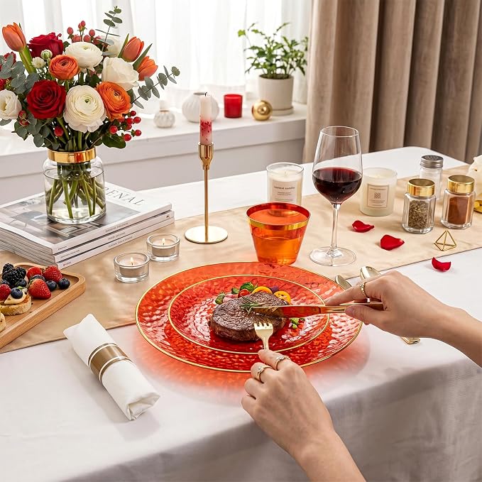 Rubtlamp 700Pcs Red Gold Plastic Dinnerware Set, Hammered Red Gold Plates, Fancy Plastic Plates Include 100 Dinner Platos, 100 Salad Platos, 100 Cups,100 Pack Pre Rolled gold plastic Silverware