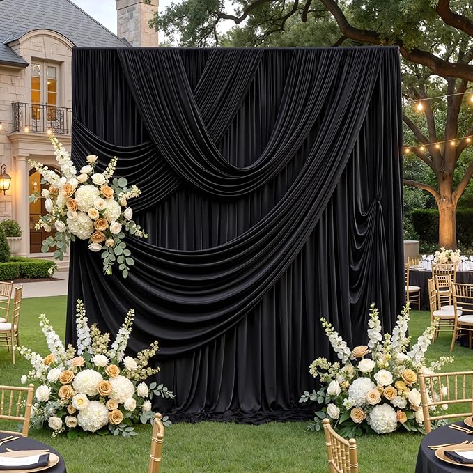 30ftx12ft Wrinkle Free Black Backdrop Curtain, 6 Panels 12FT Height Black Drapes for Wedding, Silky Polyester Photo Back Drop Cloth Draping for Birthday Party Photography Background