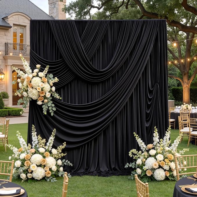 50ftx12ft Wrinkle Free Black Backdrop Curtain, 10 Panels 12FT Height Black Drapes for Wedding, Silky Polyester Photo Back Drop Cloth Draping for Birthday Party Photography Background