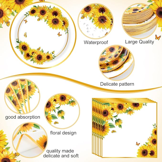 Funnymoom 400 Pcs Sunflower Party Supplies for 50 Guests Disposable Plates Napkins Cups Spoons Forks Knives for Birthday Wedding Bridal Shower Baby Shower Decorations(Yellow, Sunflower)