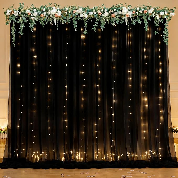 Wish Care 10ft x 7ft Black Chiffon Backdrop Curtain with Lights String for Parites Wedding Wrinkle Free Curtain Photo Backdrops Drapes for Baby Shower Birthday Party Home Decorations