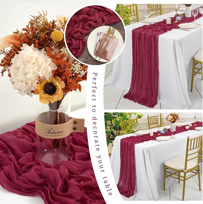 24 Pack Burgundy Cheesecloth Table Runners,10FT Boho Gauze Table Runner,35x120inch Rustic Table Runner for Wedding Party Bridal Shower Thanksgiving Christmas Boho Table Decoration