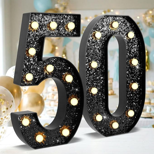 12.6 Inch LED Black Marquee Light Up Numbers, 50th Birthday Decorations Number Lights as Gifts for Women Men, Glitter Lighted Marquee Numbers for Black Anniversary Party Table Decor, 50