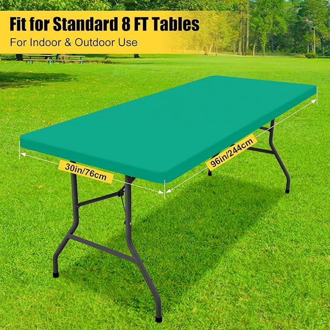 Smiry 3 Pack Rectangle Table Cloth, Elastic Fitted Flannel Backed Vinyl Tablecloths for 8ft Folding Tables, Waterproof Wipeable Table Covers for Indoor, Outdoor, Camping and Picnic (Green, 30"x96")