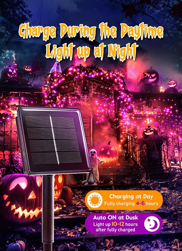 Halloween Solar String Lights Outdoor Waterproof, 19.6Ft 240 LED 8 Modes | Solar Fairy Lights Halloween Lights Outdoor, Waterproof Twinkle Firecracker Light for Patio Yard Trees, Orange Purple