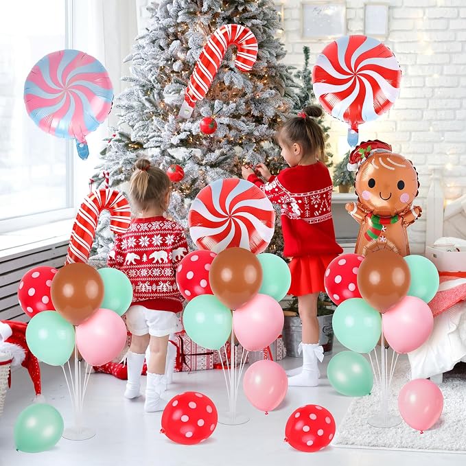 6 Sets Christmas Gingerbread Balloon Stand Kit for Table with Gingerbread Man Candy Cane Foil Balloon Centerpiece for Christmas Theme Xmas Birthday Holiday New Year Party Table Decorations