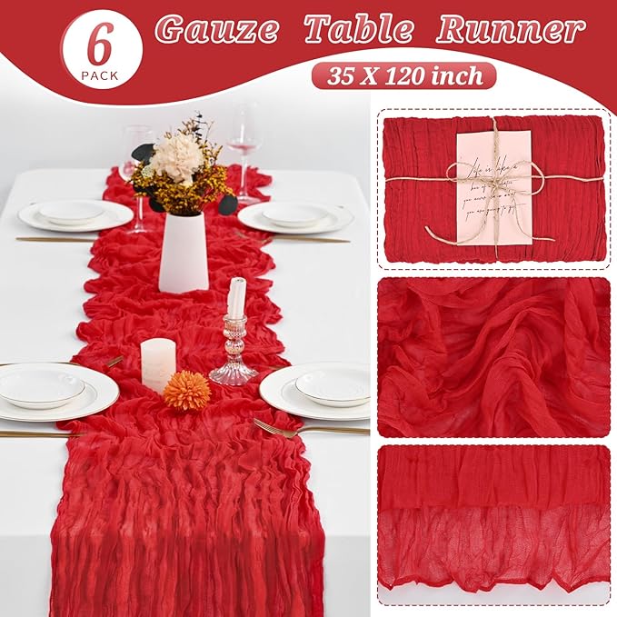 6 Pcs Red Cheesecloth Table Runner 10FT, Gauze Table Runner for Wedding Reception Sheer Bridal Shower Birthday Party Boho Table Decoration, Rustic Romantic Wedding Runner