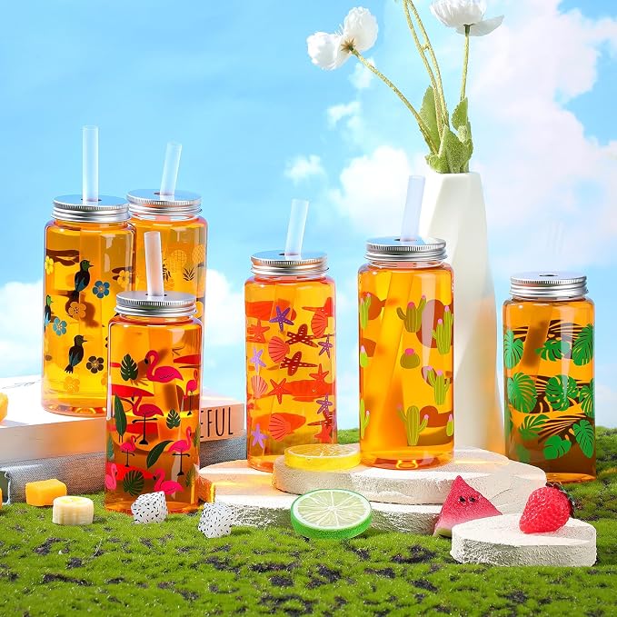 Skylety 30 Pcs Hawaiian Luau Cups 13. 5 oz Summer Tropical Plastic Cups with Lids and Straws Reusable Cute Plastic Tumbler for Hawaii Beach Sea Summer Birthday Party Drinkware Supplies