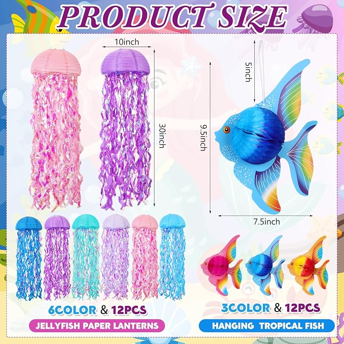 24 Pcs Under the Sea Party Decorations Hanging Jellyfish Paper Lanterns Hanging Tropical Fish Decorations for Mermaid Themed Party Luau Hawaiian Birthday Ocean Classroom Beach Room Decor