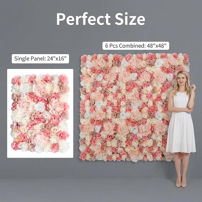 3D Flower Wall Backdrop 6 Pack, 24x16 Inch Blush Pink & Ivory Artificial Rose Panels, Polyester Material for Wedding, Party, Photo Studio, Home & Fence Decor