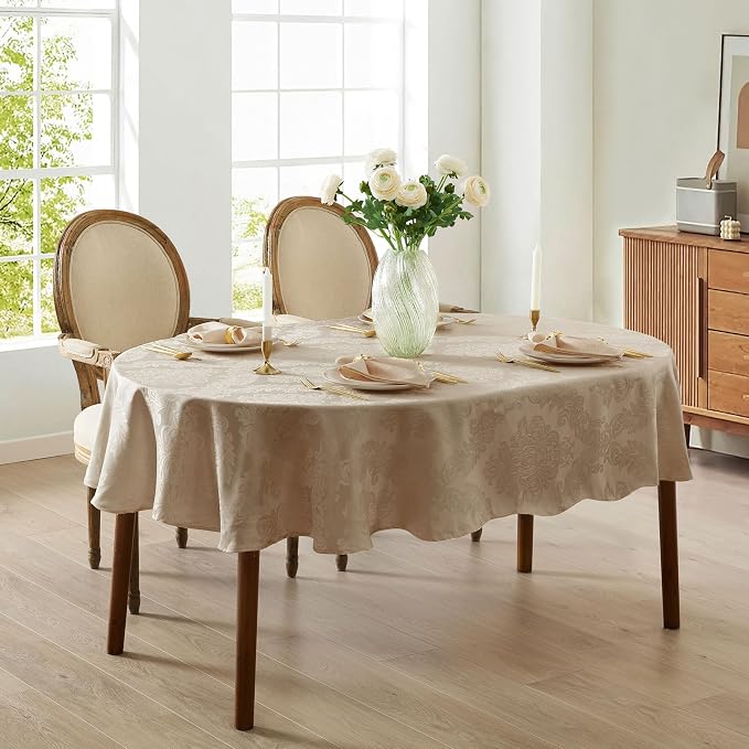 Newbridge Barcelona Luxury Damask Fabric Tablecloth, 60” Wide x 120” Oval, Golden Beige, 100% Polyester, No Iron, Soil Resistant Dining Room, Party and Banquet Table Cover