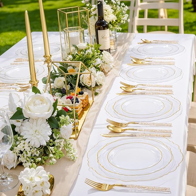 Liacere 150PCS Clear Gold Plastic Plates - Disposable Plastic Silverware with Glitter Bamboo Handle Cutlery-Baroque Clear Gold Disposable Plates for Wedding & Party & Mother's Day