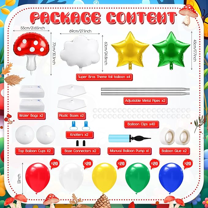 2 Sets Red Blue Green Yellow Balloon Column Stand Kit with Cloud Mushroom Star Coloful Balloons Arch Garland Kit for Cartoon Video Game Theme Birthday Party Supplies