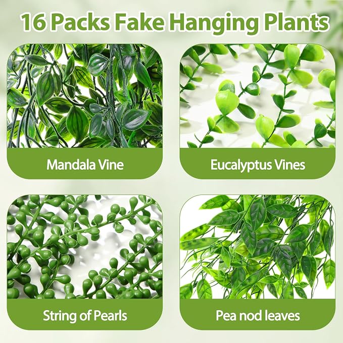 Daifunli 16 Pcs Artificial Hanging Plants Fake Hanging Ferns Plastic Fake Plants for Wall Room Garden Garland Indoor Outdoor Decor No Basket (Eucalyptus,Mandala,String of Pearls,Pea)