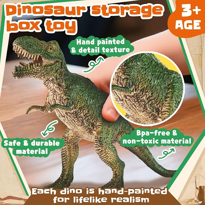 Zippytots Dinosaur Toys for Kids 3-5-7-14 Realistic Plastic Dinosaur Figures with Metal Storage Box & Learning Booklet - Educational Dino Figure Toys for Boys Girls Toddlers