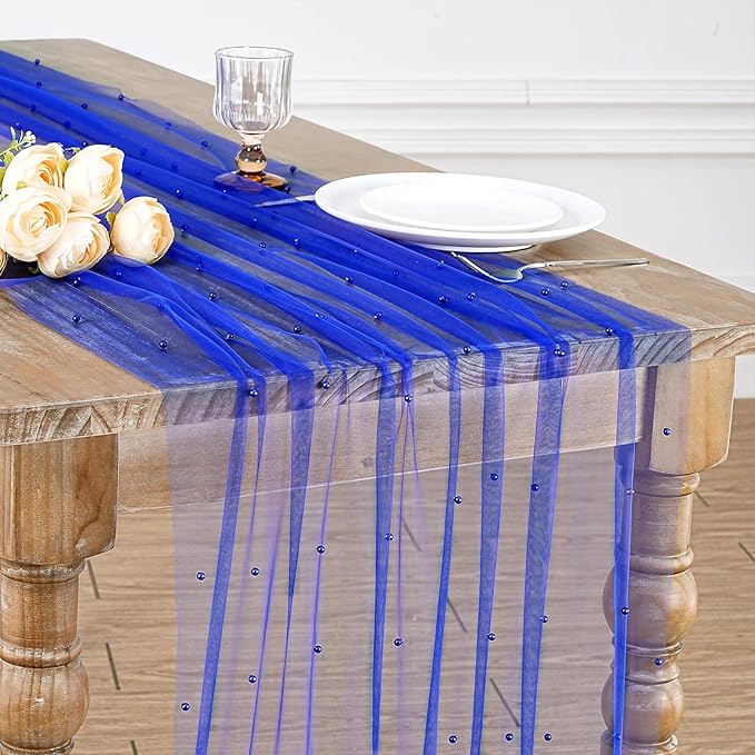 LuoluoHouse Pearl Tulle Table Runner Fabric: Dark Blue 10ft Wedding Veil Seasonal Dessert Chiffon Pearl Lace Boho Overlay Independence Day Wedding Aisle Runner Party Decorations Doilies