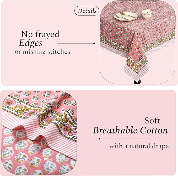 Cotton Print Club-100% Pure Cotton Tablecloth Table Cover - Indian Hand Block Printed Rectangle - for Wedding, Mothers Day Poppy Pink 160" x 72" (Rectangular)