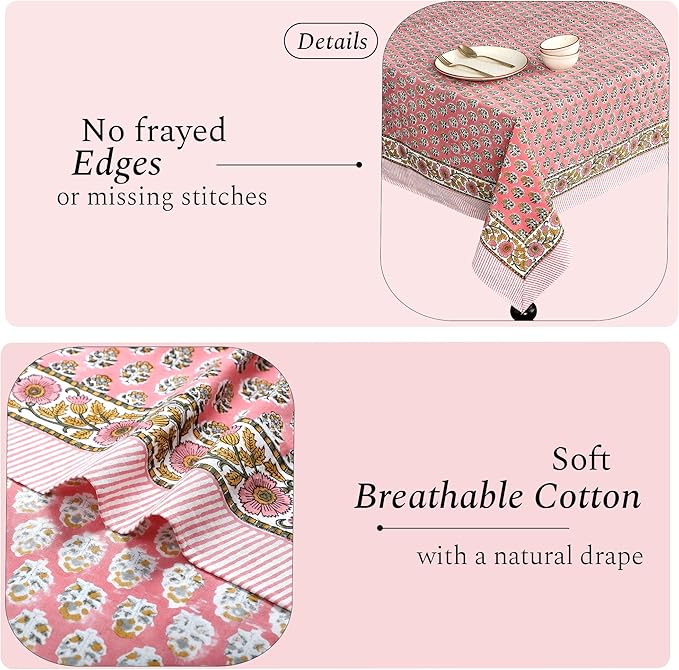 CPC Cotton Tablecloth 60x108 Inch Rectangle Indian Block Print Table Cloth- Green Washable Wedding, Dinning, Farmhouse, Floral Table Cover for Summer - Poppy Pink