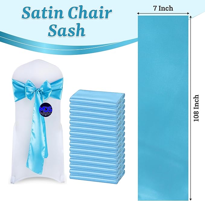 MDS Satin Chair Sashes, 125 Pack, 7”x108” Each, Decorative Chair Bows Ribbon Tie Backs for Wedding Party, Holiday Dinner, Birthday, Reception, Banquet, Hotel & Event Decoration - Turquoise