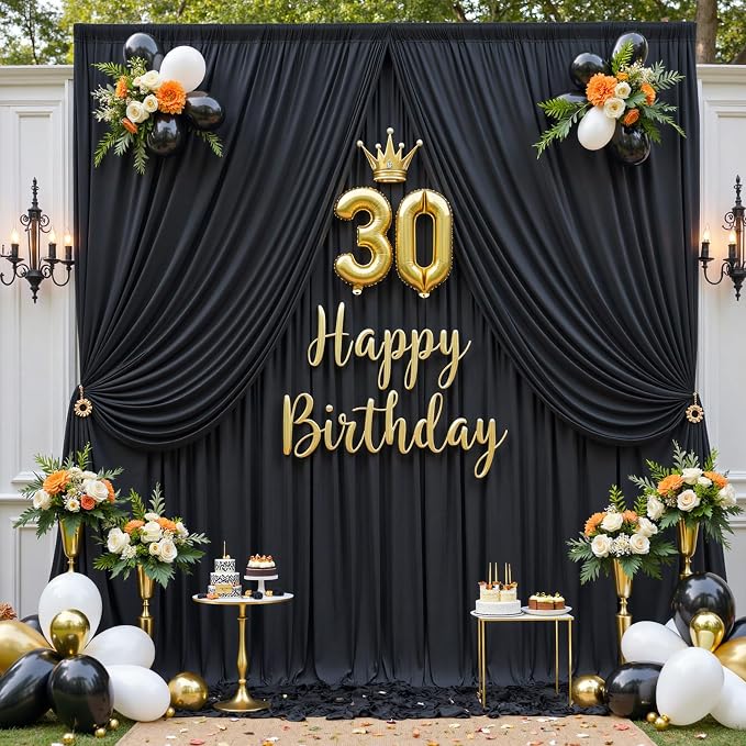 20ftx10ft Wrinkle Free Black Backdrop Curtain for Parties, 4 Panels 5x10ft Silky Polyester Photo Backdrop Drapes Back Drop Cloth Drapery for Wedding Birthday Photography Background Decor