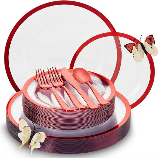 By Madee HEAVYWEIGHT 150 Pcs Clear and Red Plastic Plates | Fancy Disposable Plates for Party, Wedding, Valentines | Gift of 3D Butterfles for Table Decor | 25 Guests