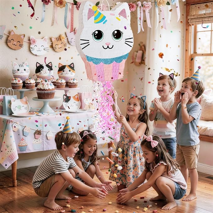 WERNNSAI Cupcake Piñata - Cat Party Decorations Cupcake Cat piñata with Blindfold and Stick for Kids Sweet Birthday Decorations Candy Land Party Baby Shower Celebration Carnival Supplies