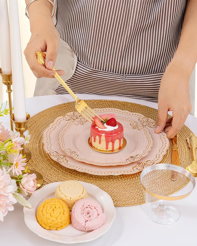 Ciaell 350 PCS Pink Plastic Plates - Pink and Gold Disposable Plates Include 50 Disposable Plate, 150 Heavy Duty Silverware, 50 Cups, 50 Napkins for Wedding & Party & Anniversary & Mother's Day
