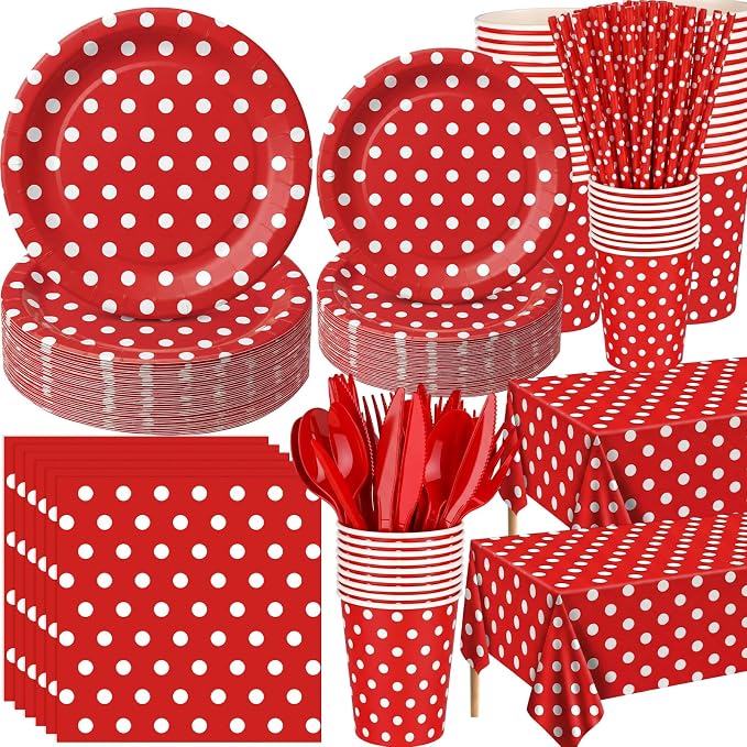 Funnymoom 452 Pcs Red Polka Dot Party Supplies for 50, Red and White Polka Dot Paper Plates Napkins Cups Tablecloth Cutlery Straws for Mouse Birthday Carnival Family Picnic Barbecue Party Decoration