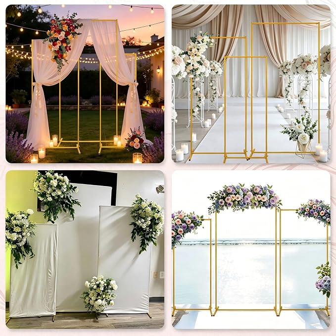 Vincidern Metal Square Wedding Arch Backdrop Stand Set of 3, Party Arch Stand, Balloon Arch Backdrop for Wedding, Baby Shower, Birthday Party, Graduation Decor, Gold (6.6FT, 5.9FT, 4.9FT)