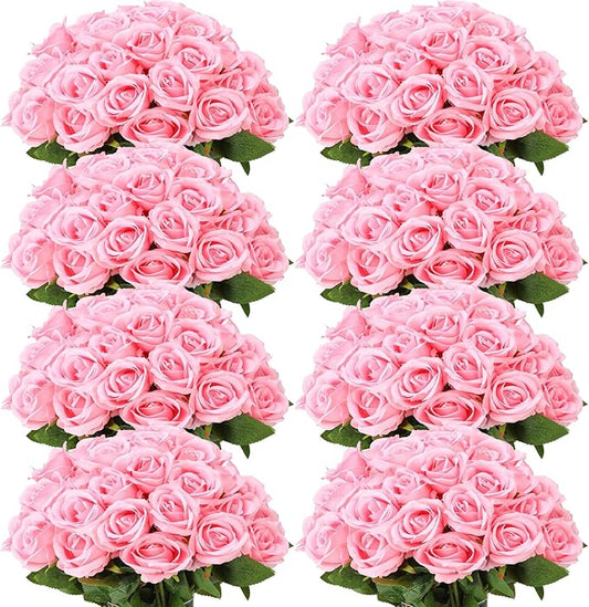 Hotop 120 Pcs Roses Artificial Flowers in Bulk,Long Stem Artificial Flower Bouquet,Silk Real Lifelike Fake Rose for Wedding Party Table Centerpieces Decor Valentines Gifts(Pink)