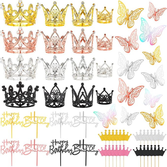 76 Pcs Flower Bouquet Accessories, 20 Pcs Crowns for Flower Bouquets with 24 Pcs Butterflies for Bouquets and 32 Pcs Birthday Cake Topper for Mothers Day Birthday Party Wedding Baby Shower(4 Colors)