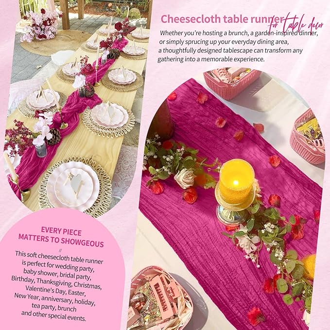 10 Pack Fuschia Cheesecloth Table Runner 10FT Boho Gauze Cheese Cloth Table Runners Romantic Rustic Sheer Table Decorations for Wedding Party Baby Shower Birthday Holiday Home