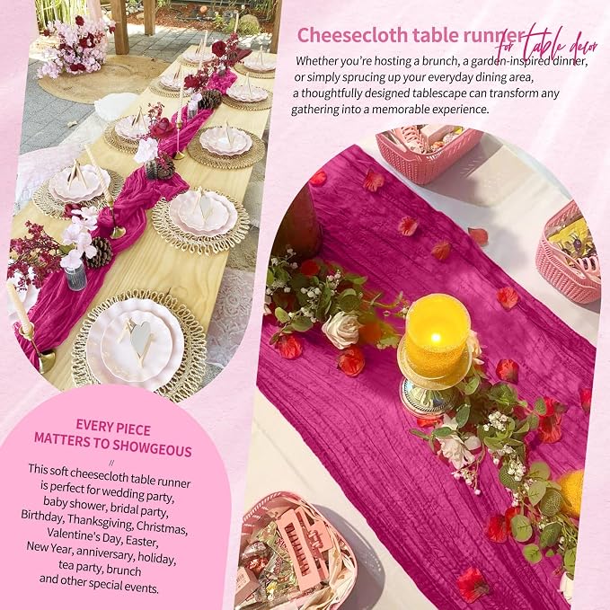 20 Pack Fuschia Cheesecloth Table Runner 10FT Boho Gauze Cheese Cloth Table Runners Romantic Rustic Sheer Table Decorations for Wedding Party Baby Shower Birthday Holiday Home