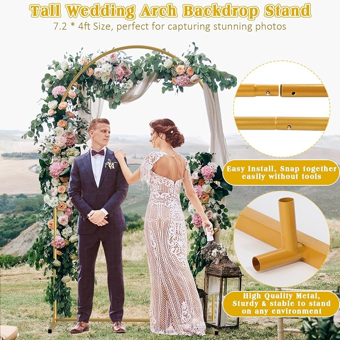 Arch Backdrop Stand and Cover Set| 7.2ft Wedding Metal Arch Stand with Spandex Fitted Backdrop Cover|Gold Balloon Arched Frame White Arch Cover for Birthday Party Baby Shower Graduation Ceremony Décor