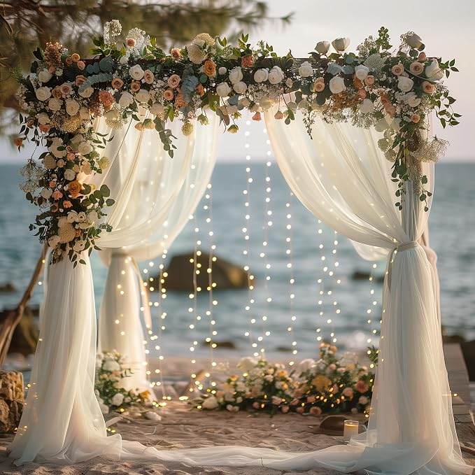 Fomcet Ivory Tulle Backdrop Curtains with Lights String 10FT X 8FT Sheer Curtain with Lights Tulle Curtains Backdrop for Wedding Birthday Party Baby Shower Photo Shoot (2 Panels 5x8FT)