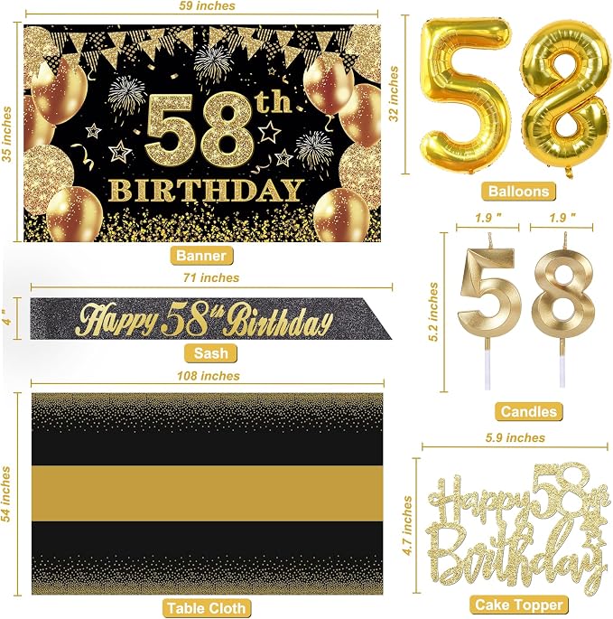 58th Birthday Decorations Men Women with 58th Birthday Banner, Black and Gold Table Cloth, Number Balloons, Large Sash, Cake Topper and Candles