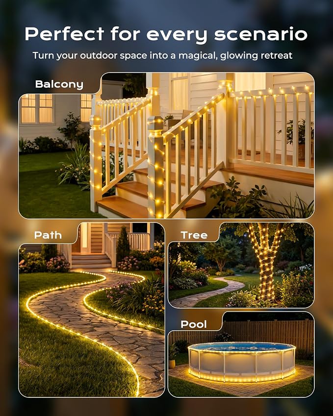 Brightown Solar Rope Lights, 2 Pack Total 78FT 200LED Warm White Solar String Lights Outdoor, IP65 Waterproof Solar Powered Fairy Lights with 8 Lighting Modes for Yard Garden Patio Tree Decoration