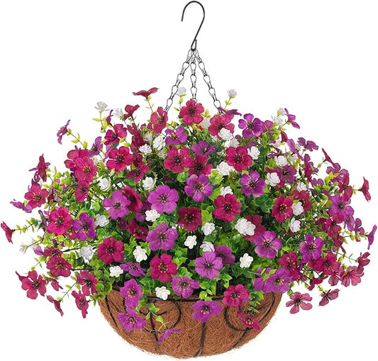 Ammyoo Artificial Faux Hanging Plants Flowers Basket for Spring Outdoor Decoration, Fake Silk Daisy UV Resistant Look Real with Eucalyptus Leaves Summer Outside Decor for Home Patio Garden