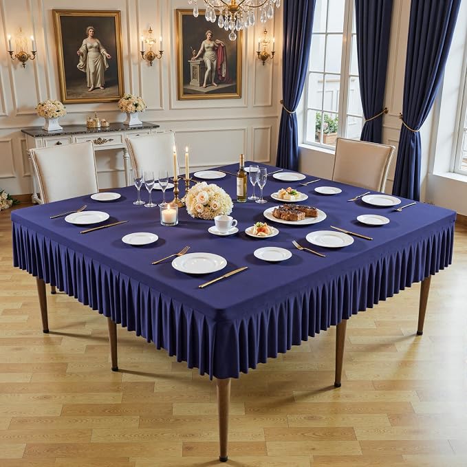 60x60 Inch Navy Blue Spandex Square Tablecloth,Wrinkle Free Navy Blue Fitted Table Cloth for Square Tables,Washable Pleated Table Cover for Wedding Birthday Cocktail Party Buffet Dinner Camping