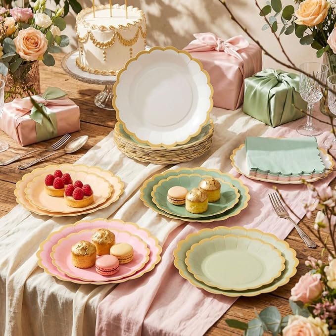 Zhehao 150 Pcs Pink and Green Plates and Napkins Tableware Serves 50 Includes 9 Inch 7 Inch Pink and Sage Scalloped Paper Plate and Napkins for Wedding Birthday Baby Shower Party