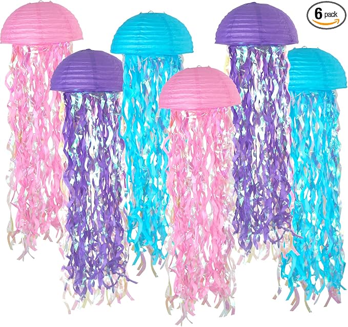 6-Pack Jellyfish Paper Lanterns, Pink Purple Blue Under The Sea Party Decorations, Mermaid Birthday Decorations for Girls, Ocean Themed Baby Shower, Pool & Beach Party Decor