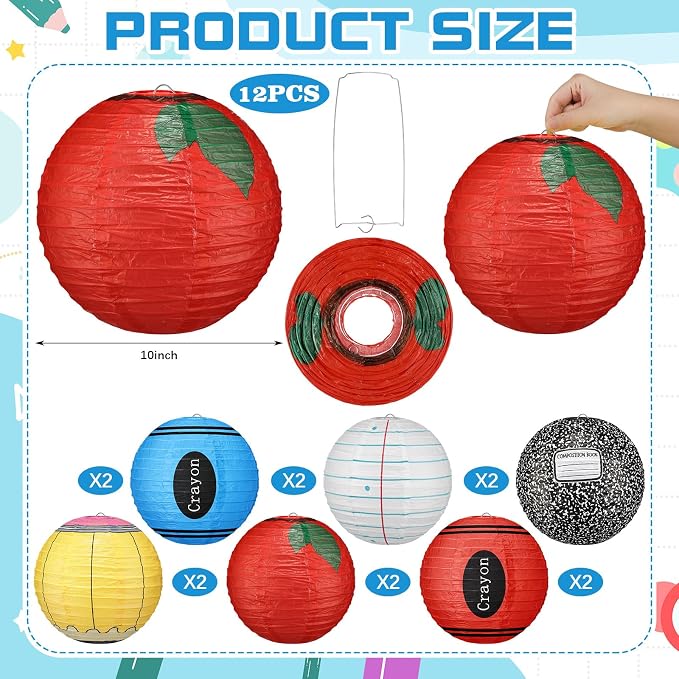 Retisee 12 Pcs Back to School Classroom Paper Lanterns 10 Inch Classroom Hanging Decoration Pencil Crayon Apple Decorative Lanterns Ceilings Decor for First Day of School Welcome Party Supplies