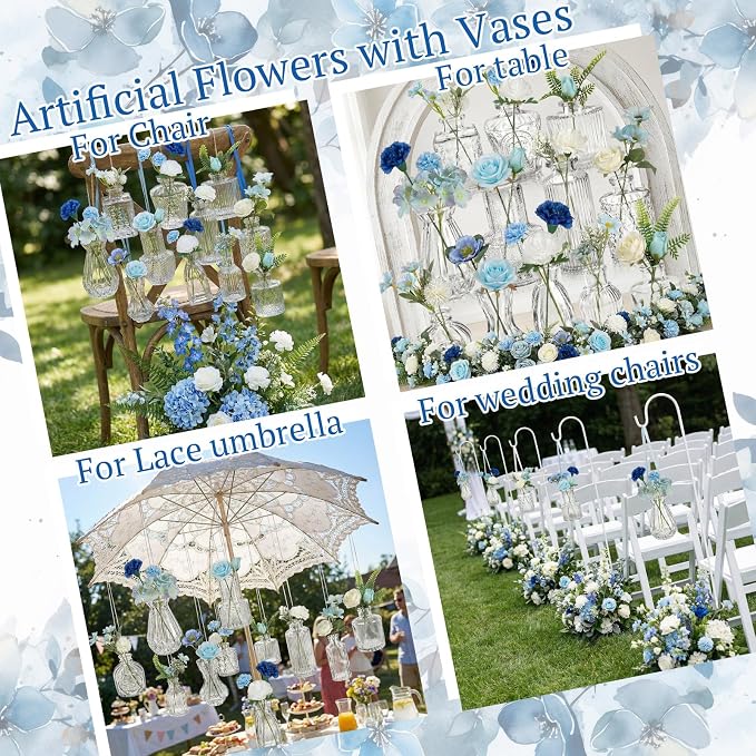 36 Pcs Artificial Flowers Table Centerpiece with Vases Colorful Wildflower Centerpieces Silk Flower Arrangement for Wedding Baby Shower Table Centerpieces Party(Blue Series,Clear)